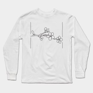 Cherry Blossom Line Drawing - Black Long Sleeve T-Shirt